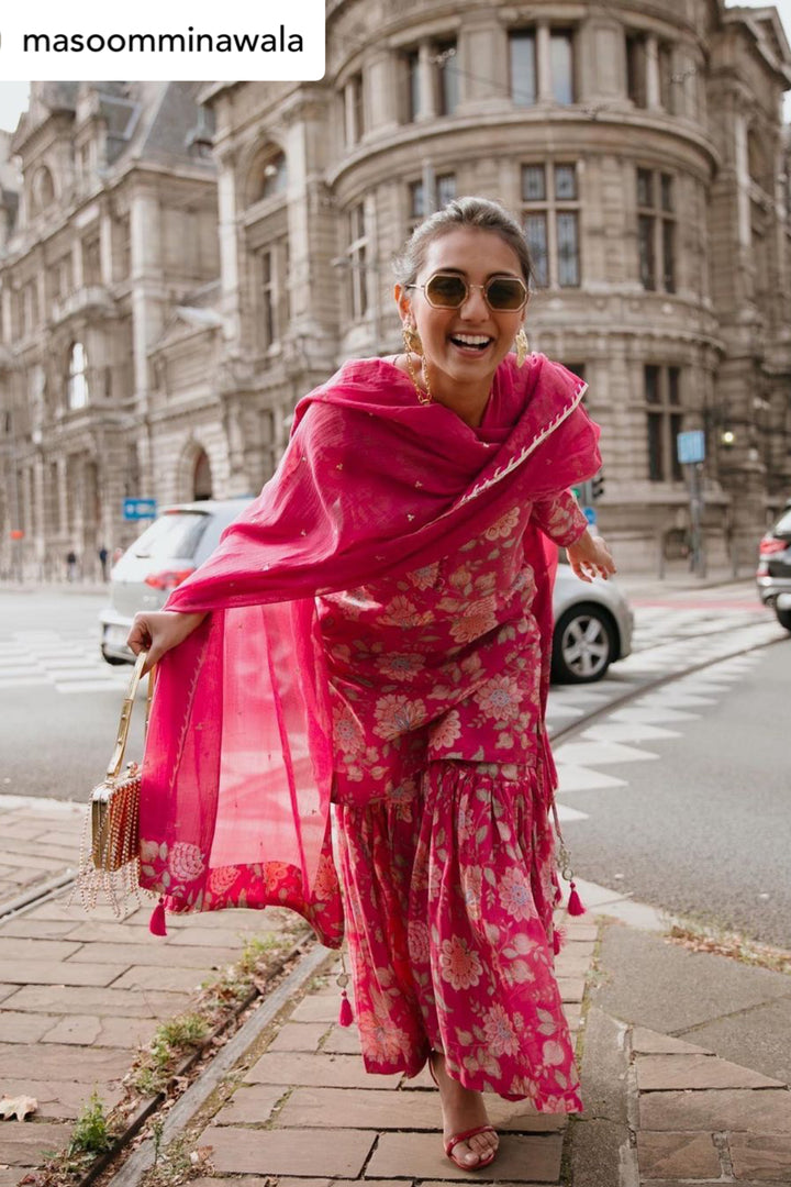 Masoom Minawala in Hot Pink Printed Short kurta with Sharara and Dupatta- Set of 3