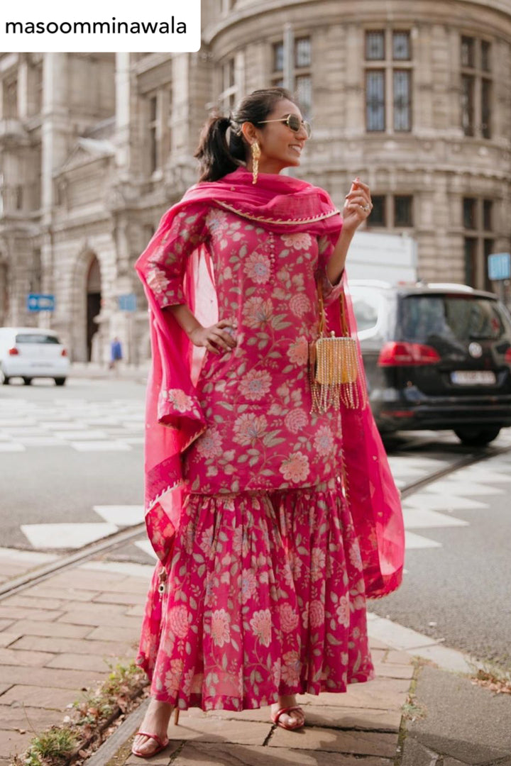 Masoom Minawala in Hot Pink Printed Short kurta with Sharara and Dupatta- Set of 3