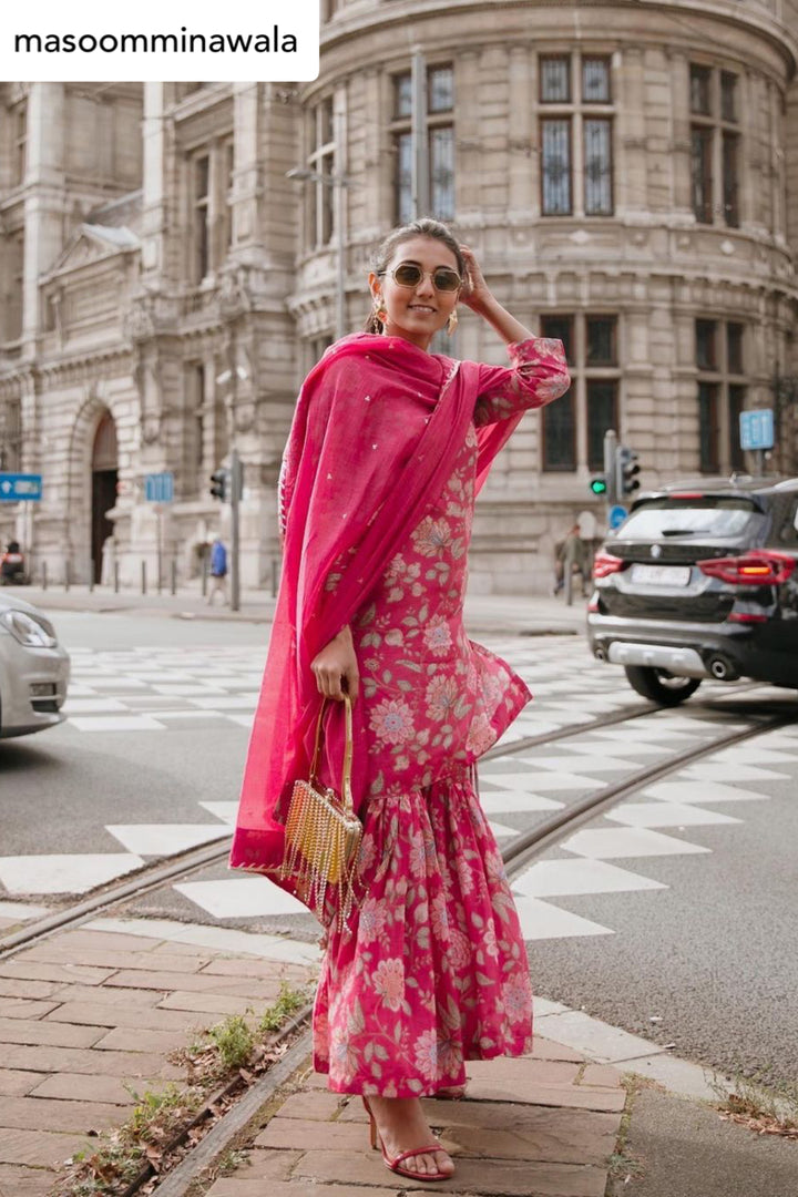 Masoom Minawala in Hot Pink Printed Short kurta with Sharara and Dupatta- Set of 3
