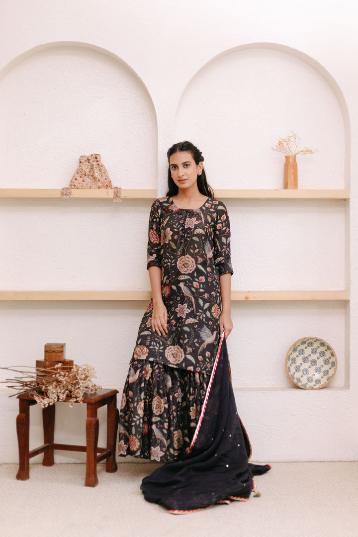 Black Printed Short kurta with Sharara and Dupatta- Set of 3
