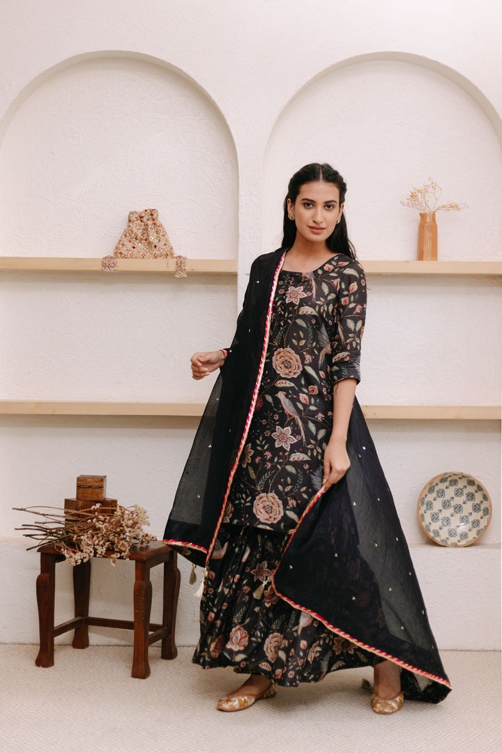Black Printed Short kurta with Sharara and Dupatta- Set of 3