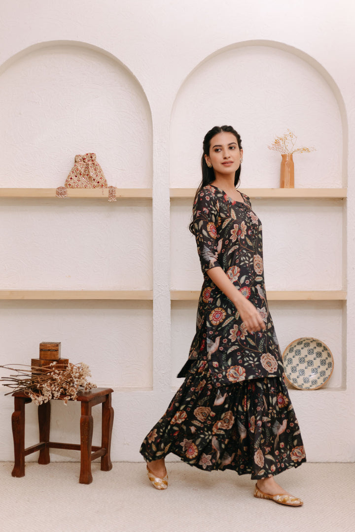Black Printed Short kurta with Sharara and Dupatta- Set of 3