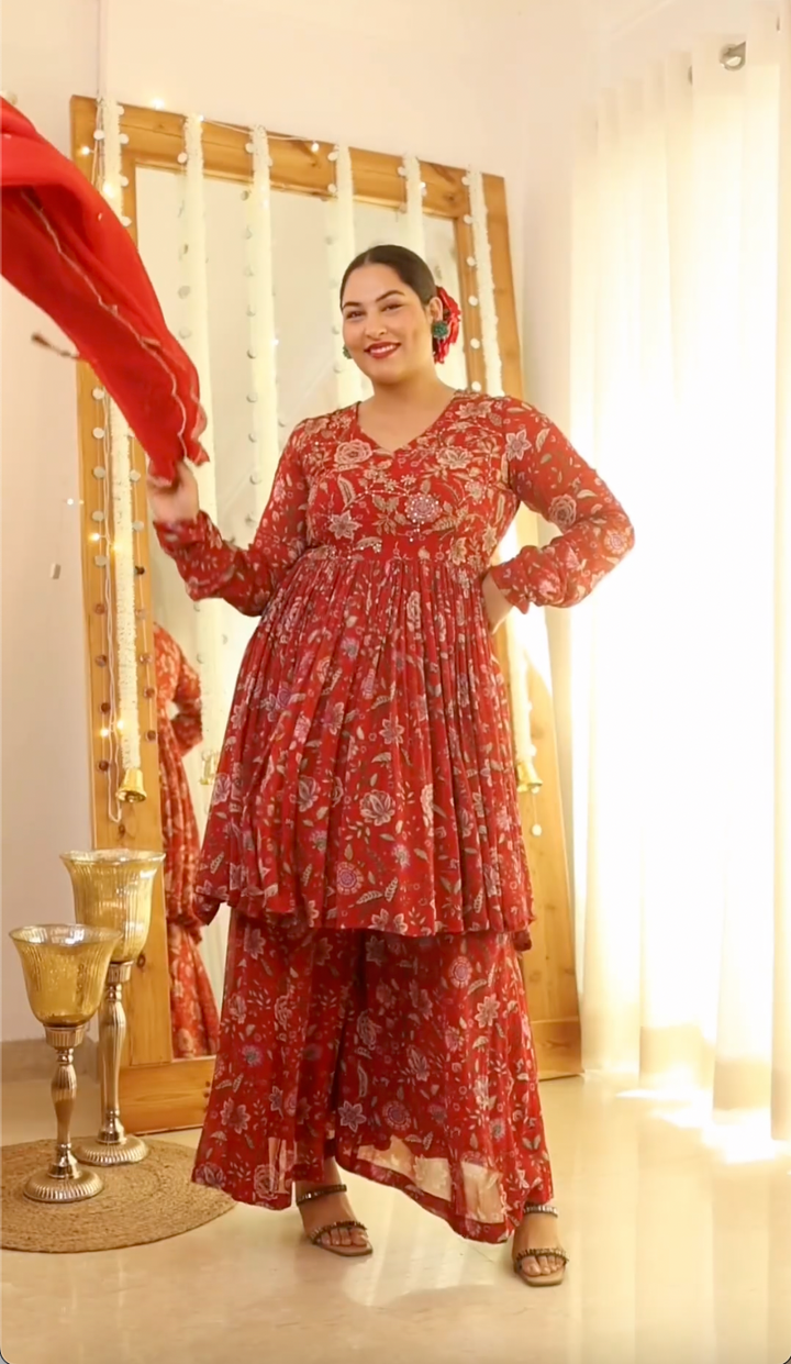 Sakshi in Raag Red floral printed sharara and Dupatta - SET OF 3