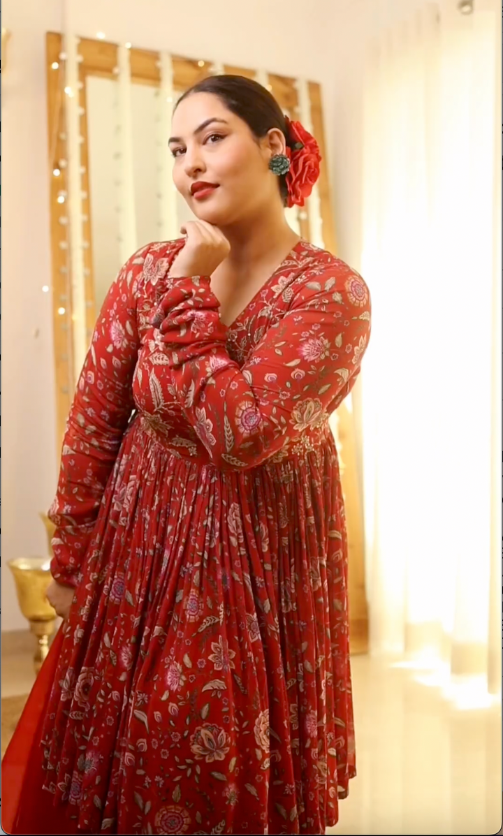 Sakshi in Raag Red floral printed sharara and Dupatta - SET OF 3