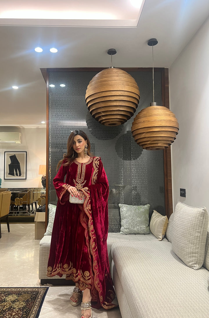 Mehak Jain in Naveli Deep Red Zari Embroidered Anarkali with Salwar set