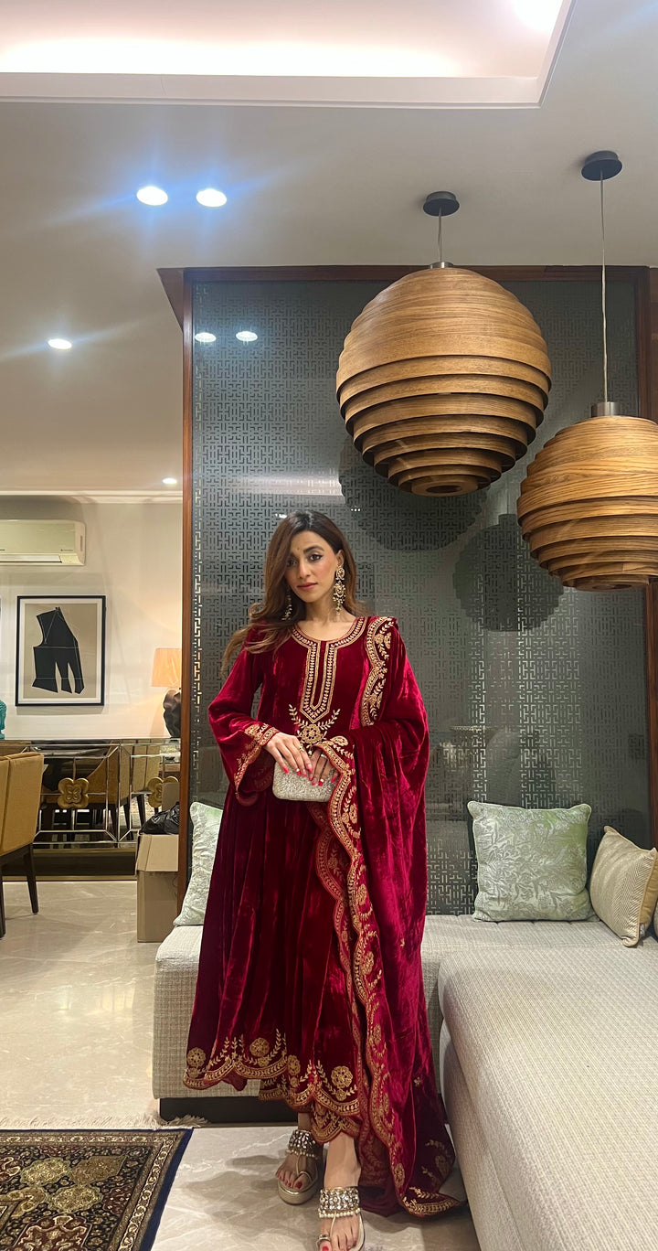 Mehak Jain in Naveli Deep Red Zari Embroidered Anarkali with Salwar set