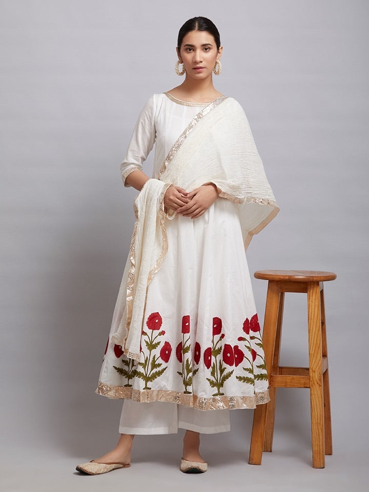 White Cotton Anarkali Kurta Set with Red Block Print Dupatta