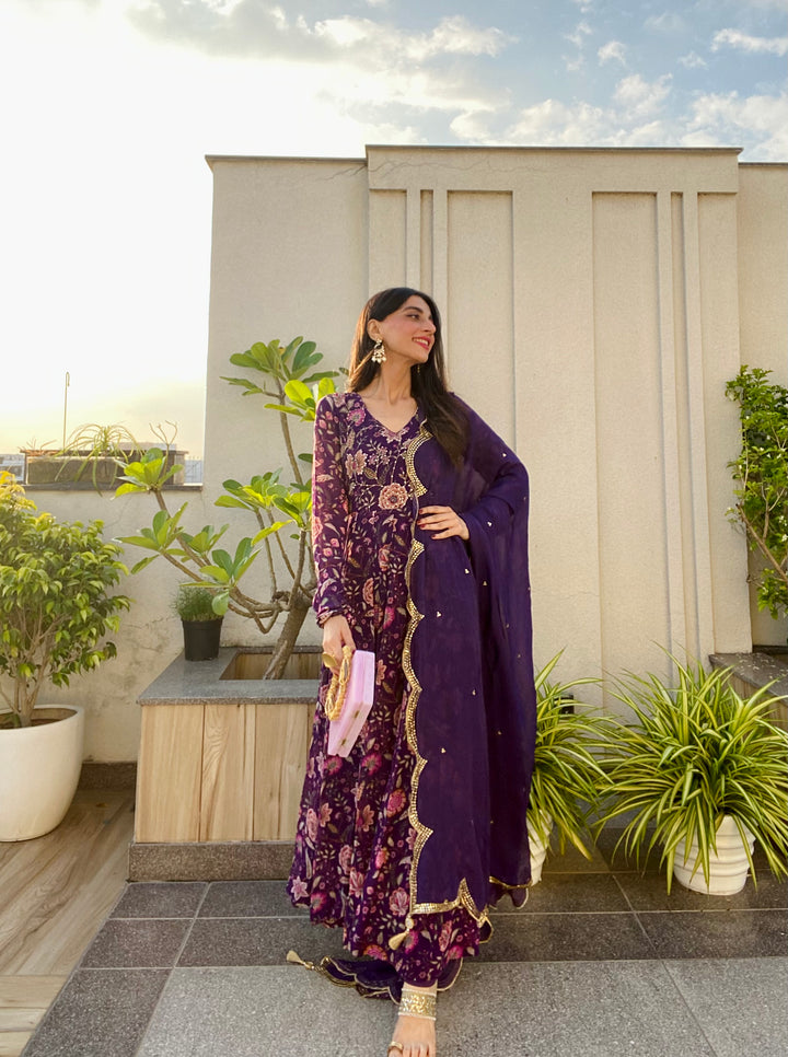 Mehak Jain in Raag Purple Floral Printed Anarkali with Chooridar and Dupatta- set of 3