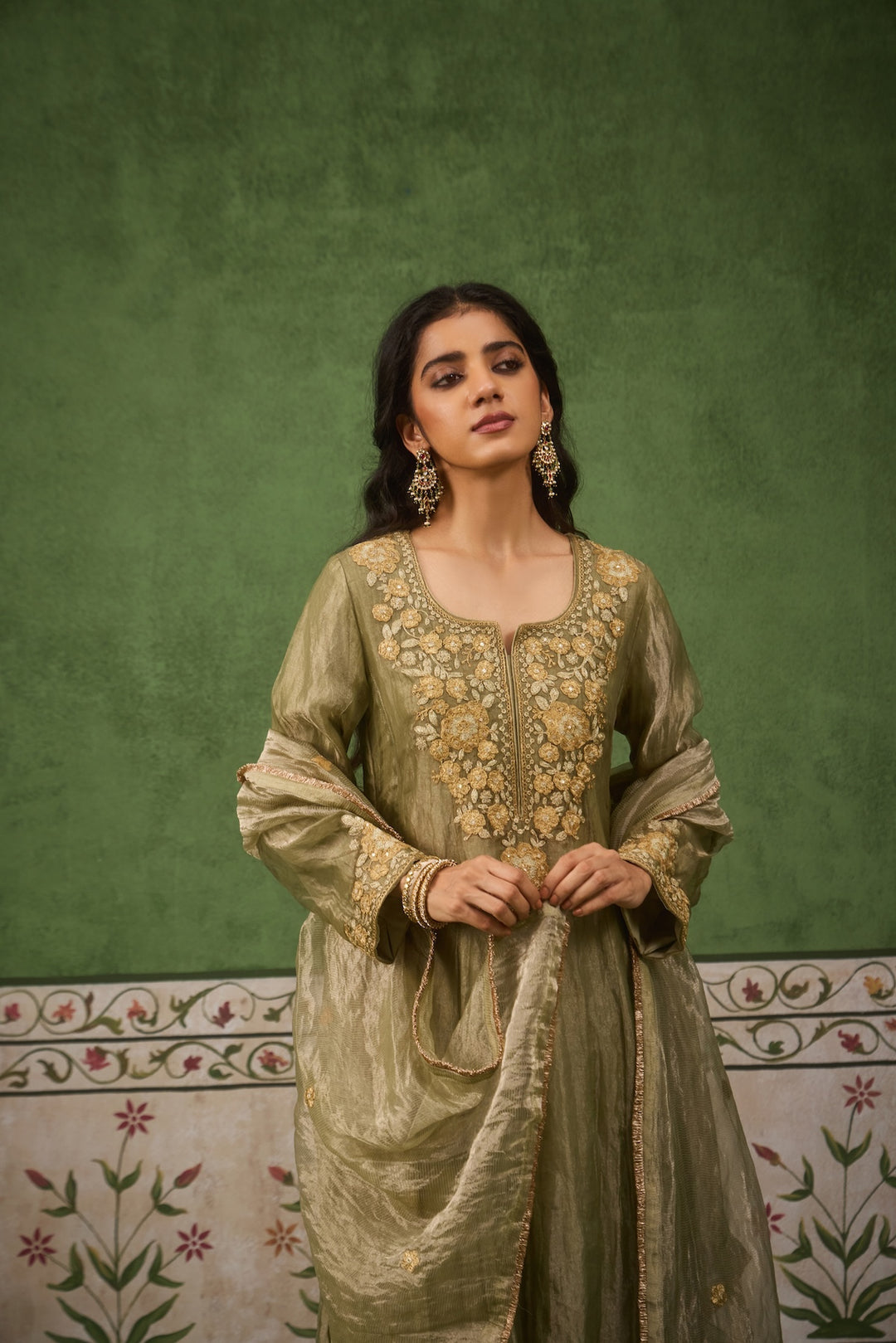 Reet Sage Green Tissue Anarkali Kurta Set of 3