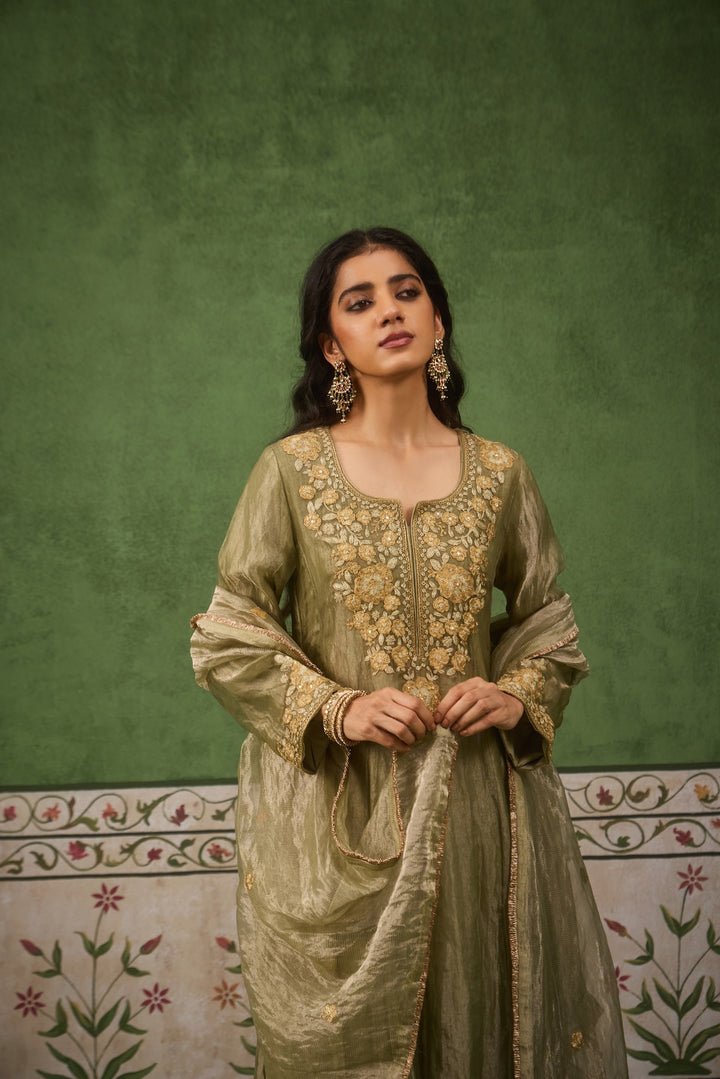 Reet Sage Green Tissue Anarkali Kurta Set of 3