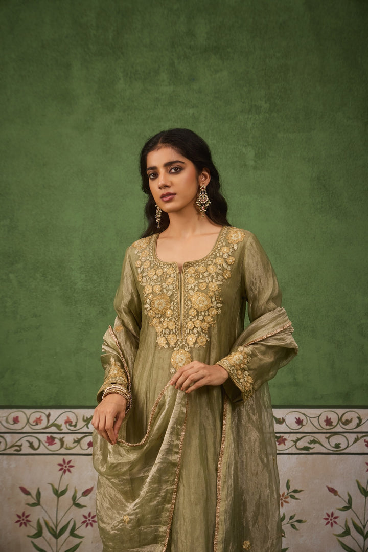 Reet Sage Green Tissue Anarkali Kurta Set of 3