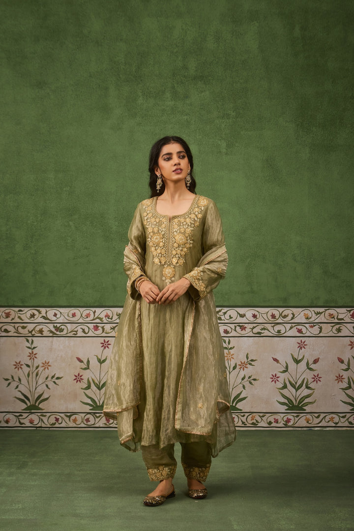 Reet Sage Green Tissue Anarkali Kurta Set of 3