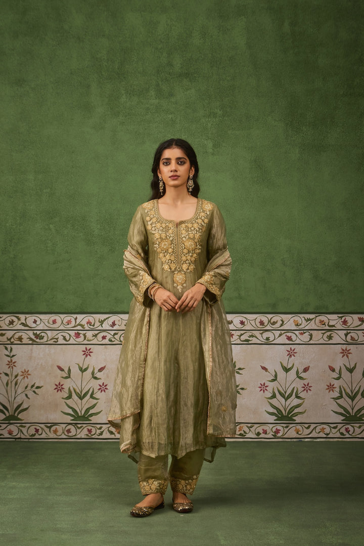 Reet Sage Green Tissue Anarkali Kurta Set of 3