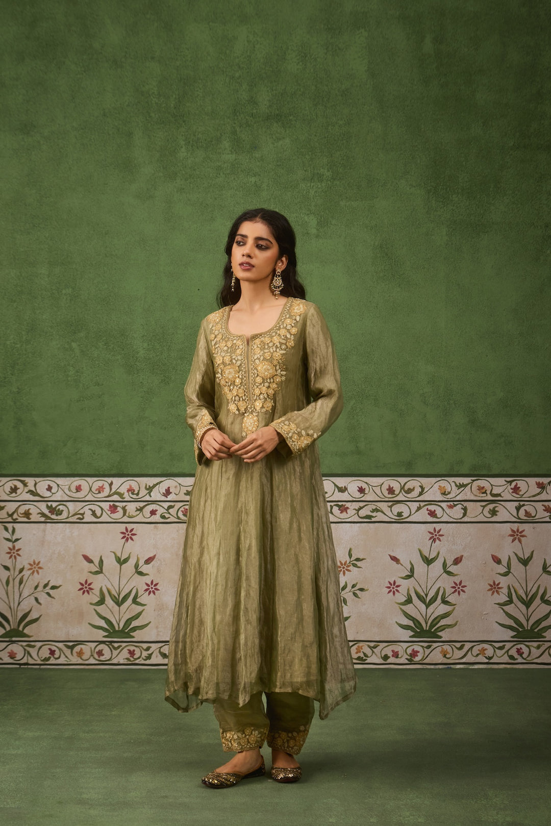 Reet Sage Green Tissue Anarkali Kurta Set of 3