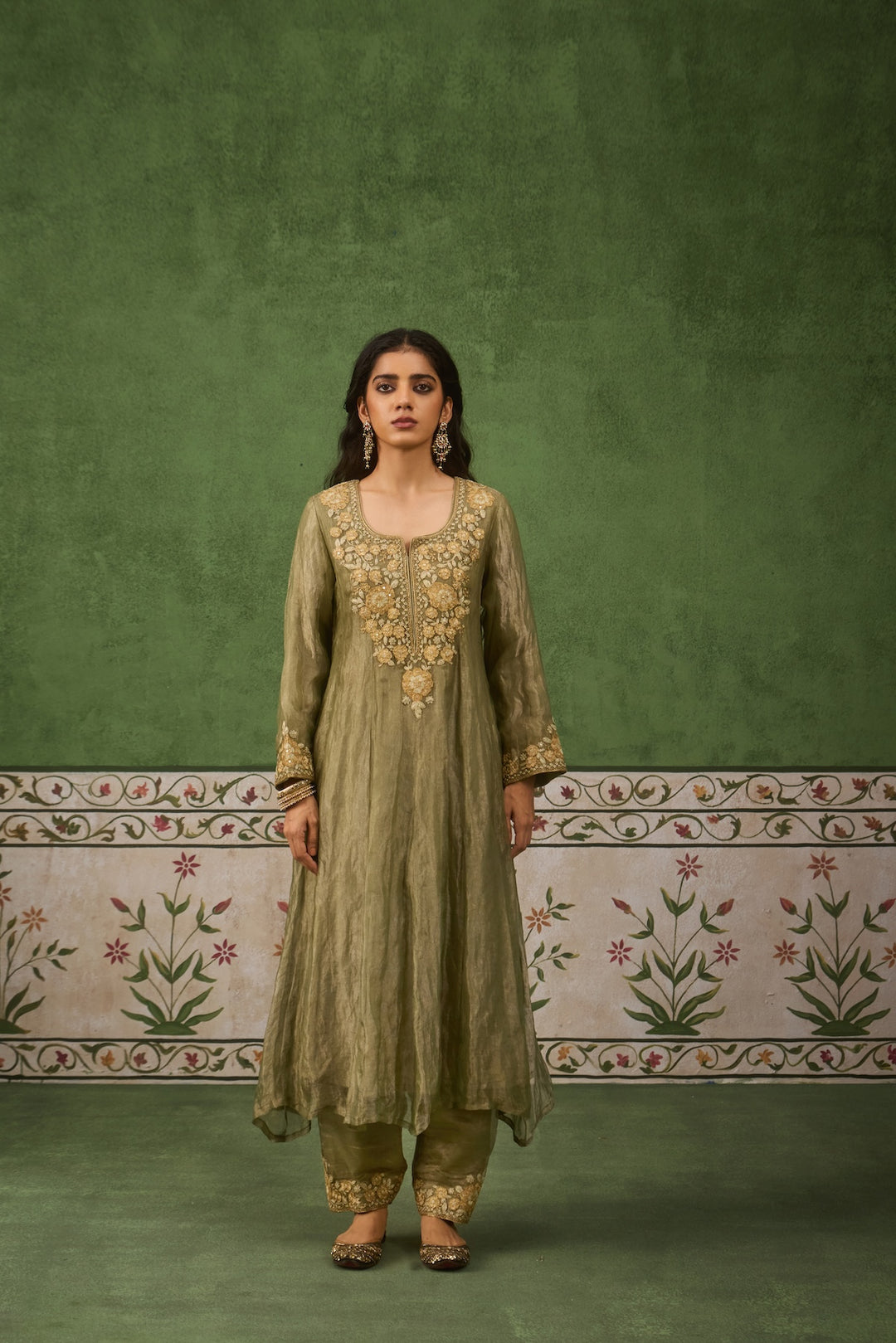 Reet Sage Green Tissue Anarkali Kurta Set of 3