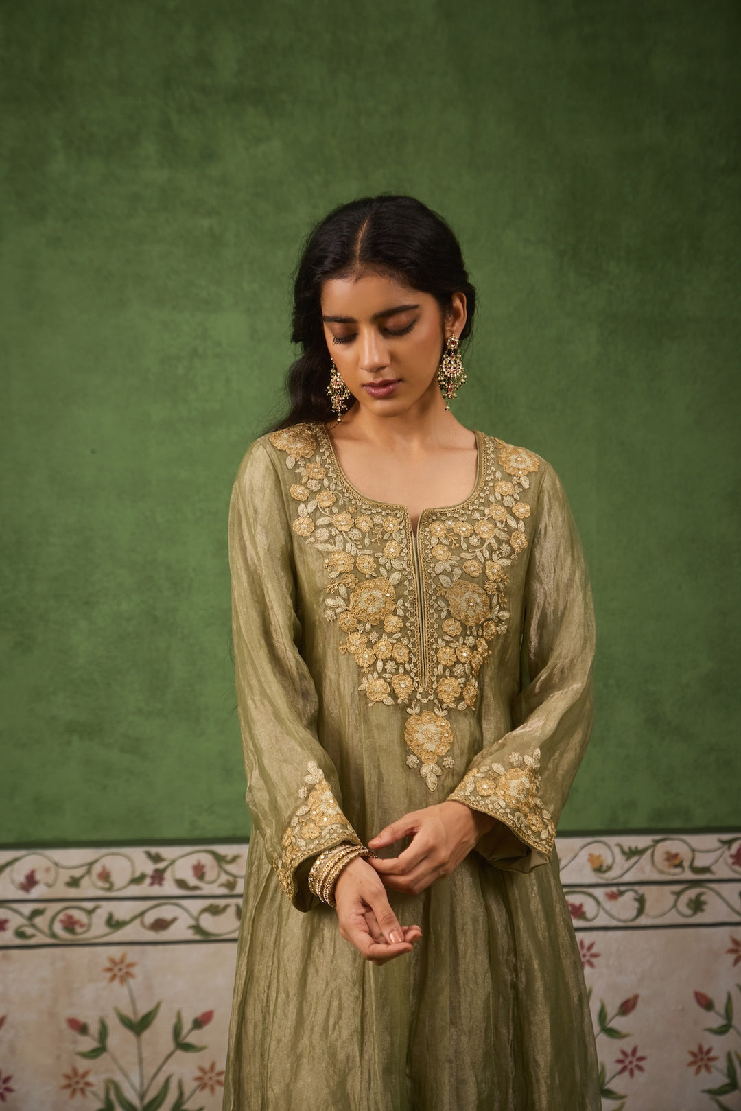 Reet Sage Green Tissue Anarkali Kurta Set of 3