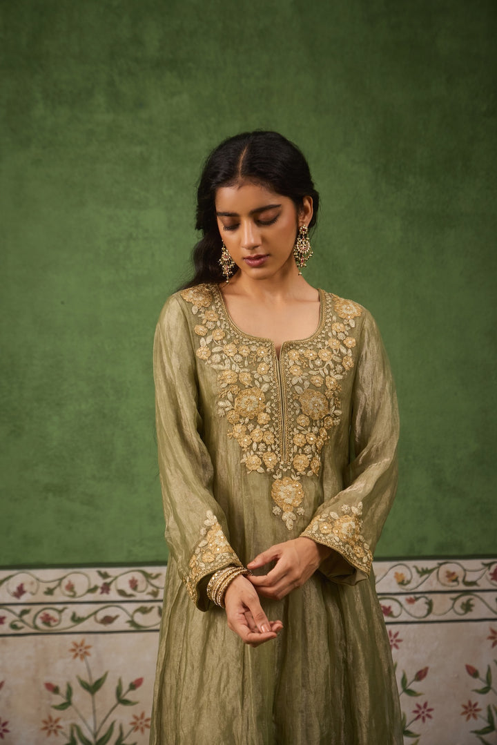 Reet Sage Green Tissue Anarkali Kurta Set of 3