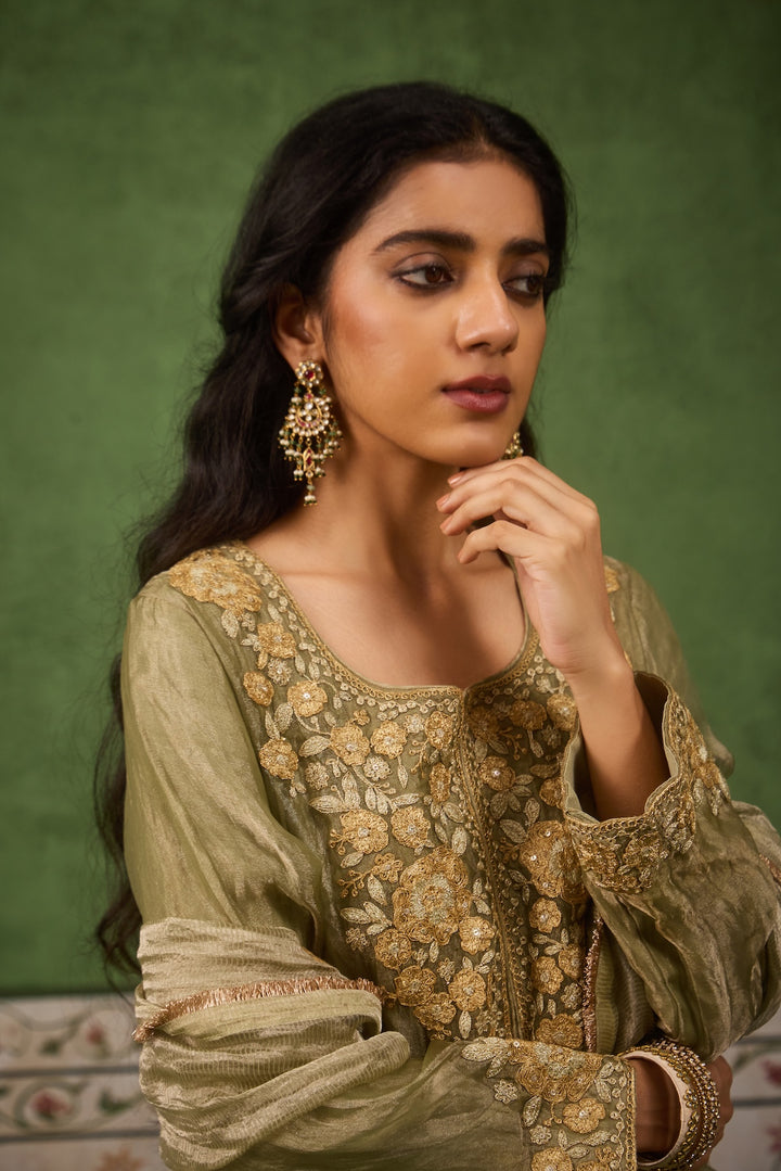 Reet Sage Green Tissue Anarkali Kurta Set of 3