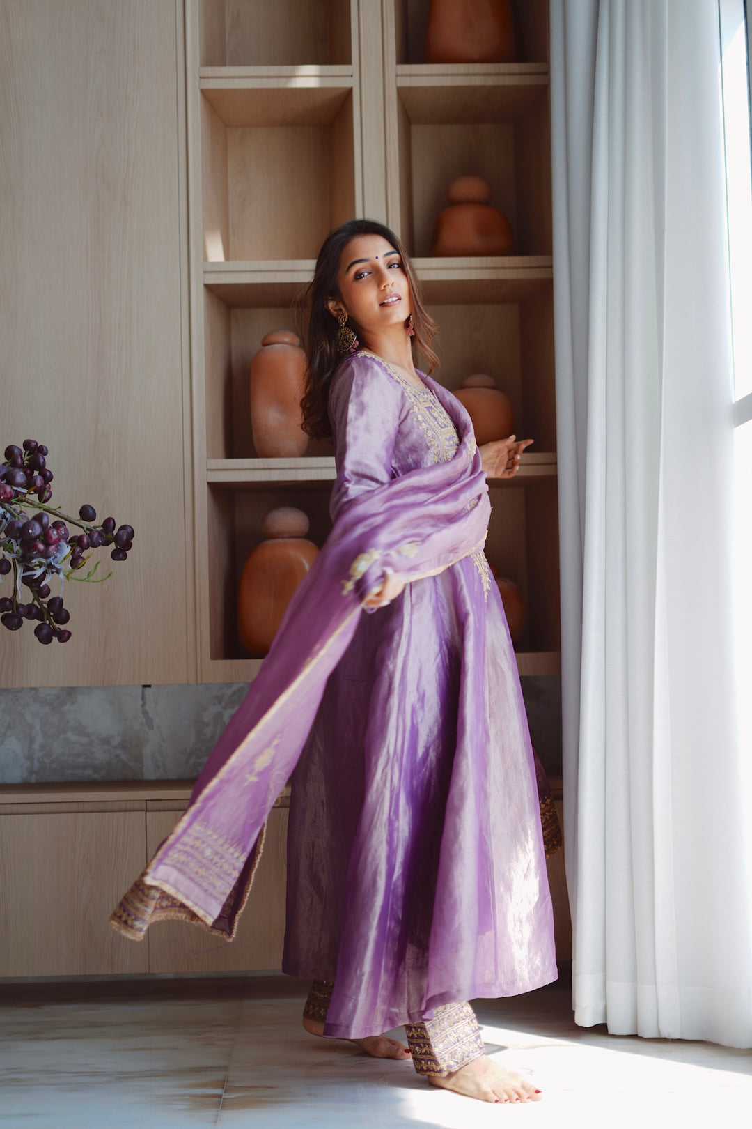 Masoom Minawala in Purple Tissue Anarkali Inayat Kurta Set of 3