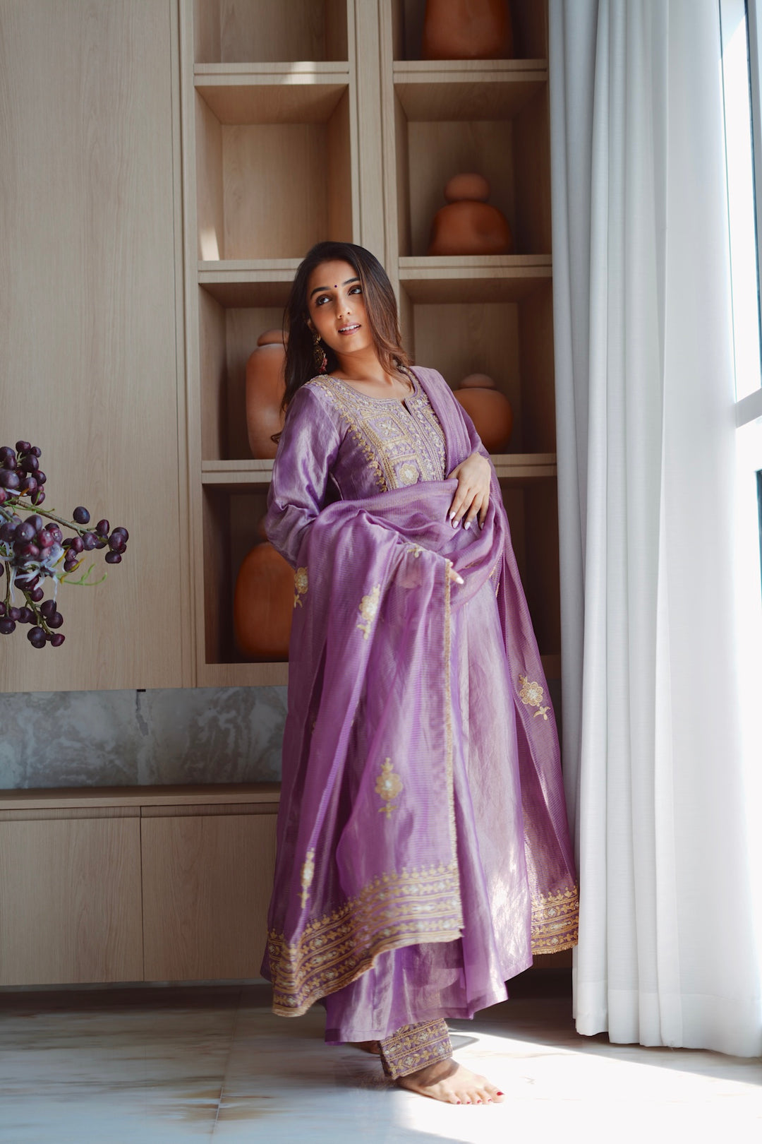 Masoom Minawala in Purple Tissue Anarkali Inayat Kurta Set of 3