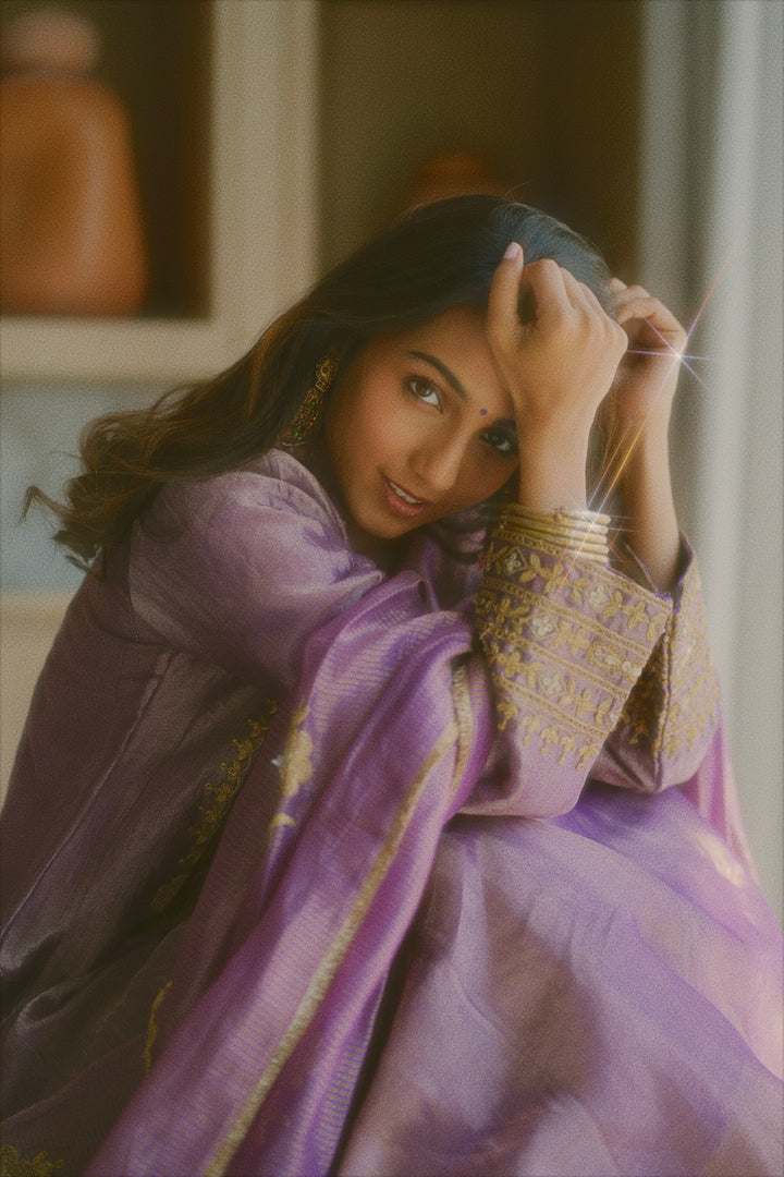 Masoom Minawala in Purple Tissue Anarkali Inayat Kurta Set of 3