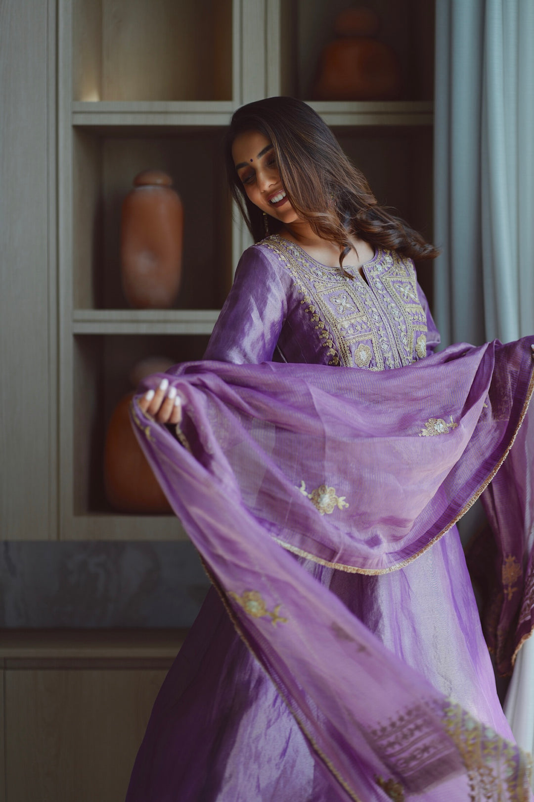 Masoom Minawala in Purple Tissue Anarkali Inayat Kurta Set of 3
