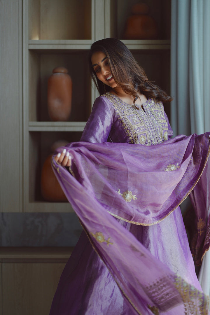 Masoom Minawala in Purple Tissue Anarkali Inayat Kurta Set of 3