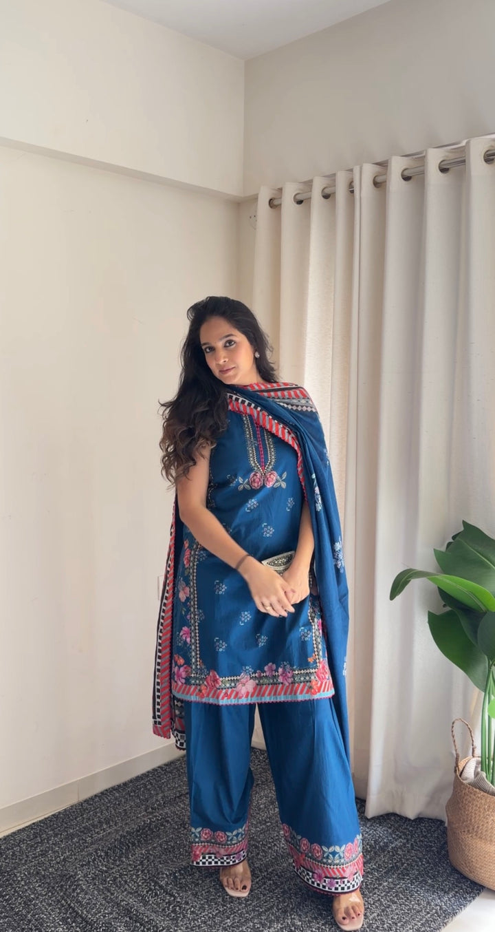 Jugni Blue Sleeveless Kurta with Farshi Salwar Set of 3