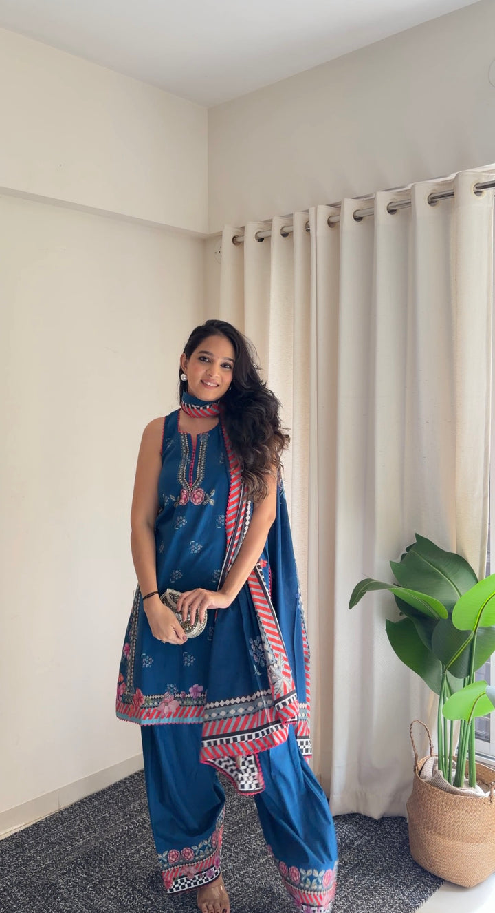 Jugni Blue Sleeveless Kurta with Farshi Salwar Set of 3