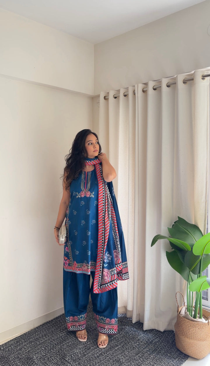 Jugni Blue Sleeveless Kurta with Farshi Salwar Set of 3