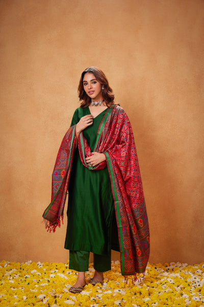 Dhanak Green Kurta, Palazzo with Red Ikat Duppata -Set of 3