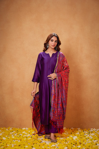 Dhanak Purple Kurta, Palazzo with Red Purple Ikat Duppata -Set of 3