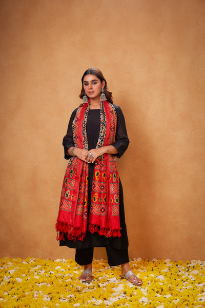 Dhanak Black Kurta, Palazzo with Black Red Ikat Duppata -Set of 3