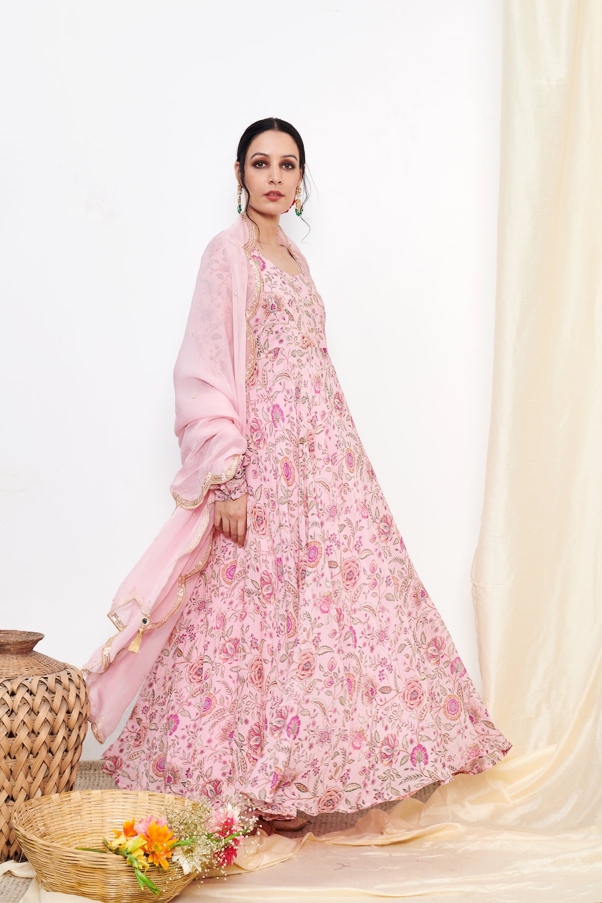 Raag Blush Pink Floral Printed Anarkali with Chooridar and Dupatta- set of 3