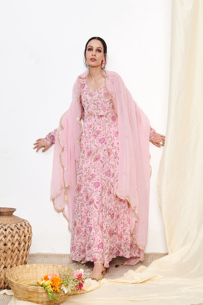 Raag Blush Pink Floral Printed Anarkali with Chooridar and Dupatta- set of 3