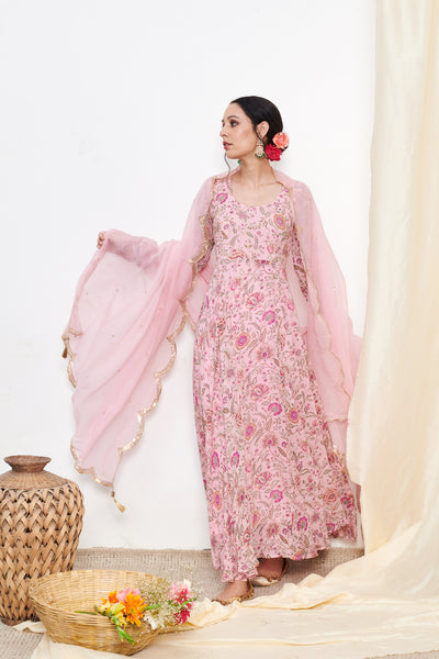 Raag Blush Pink Floral Printed Anarkali with Chooridar and Dupatta- set of 3