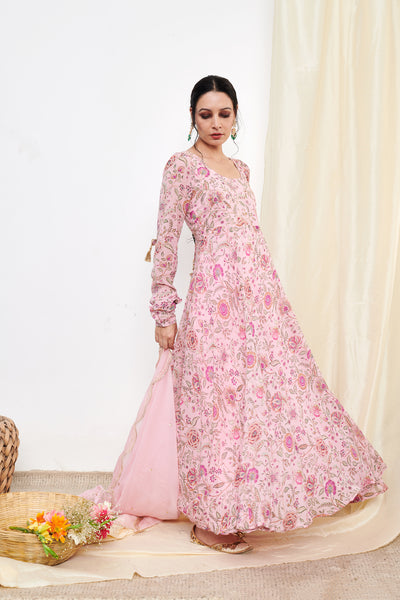 Raag Blush Pink Floral Printed Anarkali with Chooridar and Dupatta- set of 3