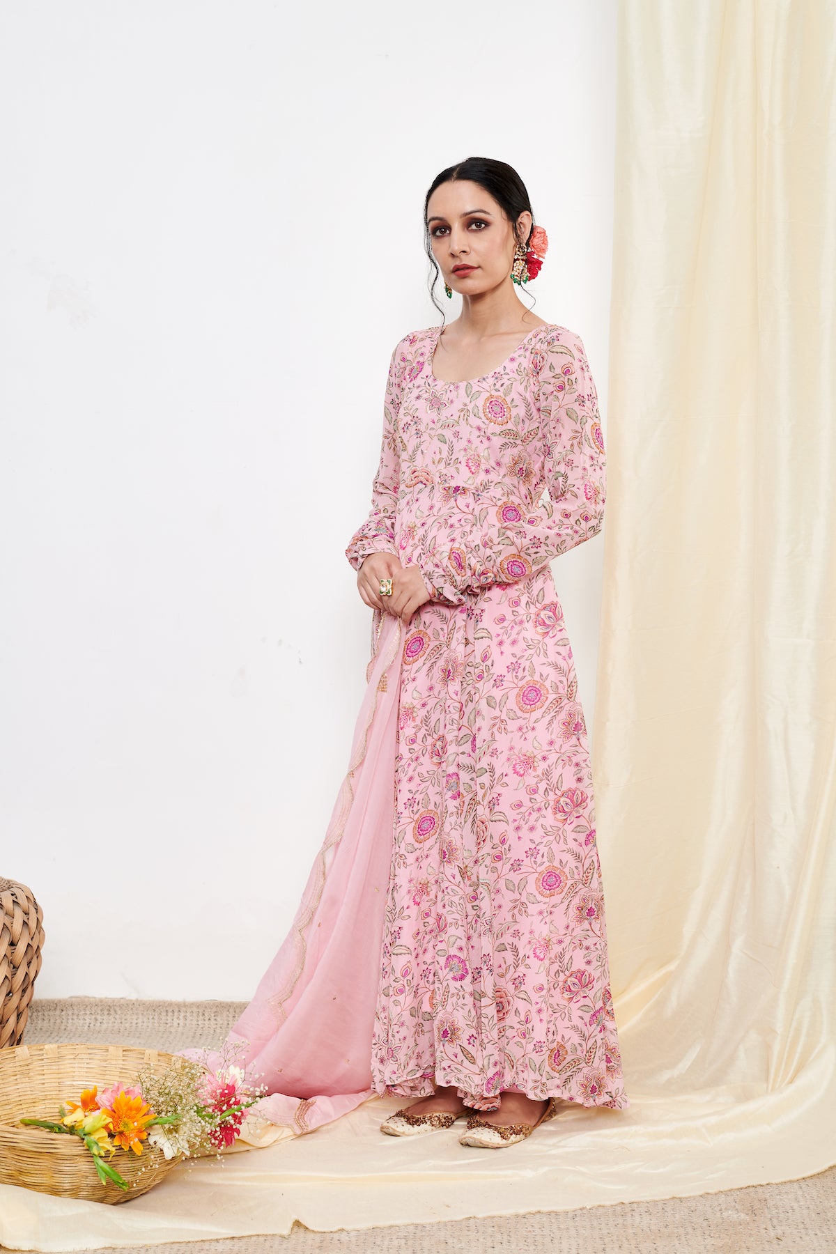 Raag Blush Pink Floral Printed Anarkali with Chooridar and Dupatta- set of 3