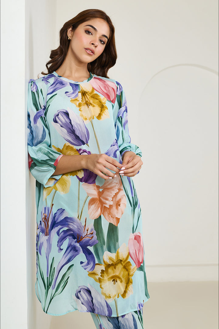 Aqua Blue Pleated Kurta Set of 2