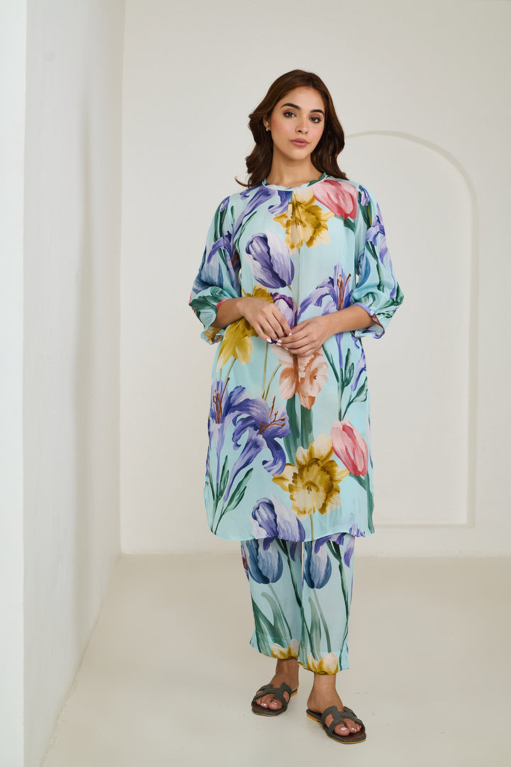 Aqua Blue Pleated Kurta Set of 2