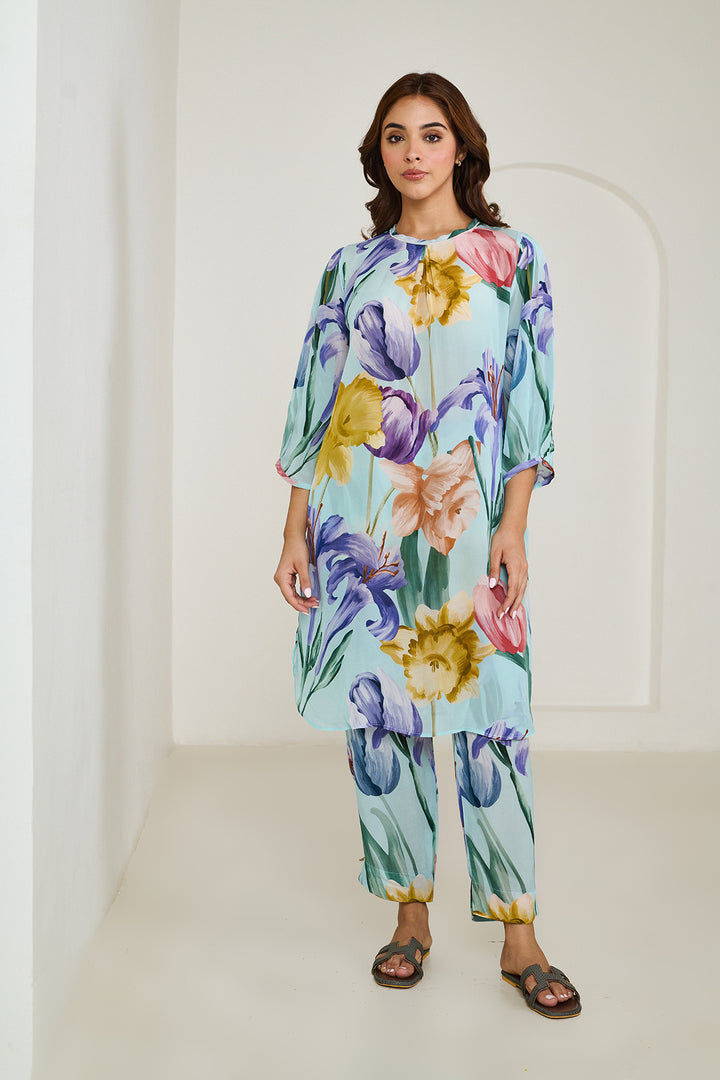 Aqua Blue Pleated Kurta Set of 2