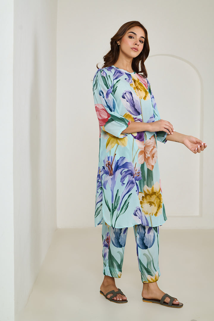 Aqua Blue Pleated Kurta Set of 2