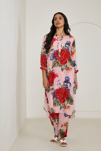 Peach Floral Long Kurta - Set of 2