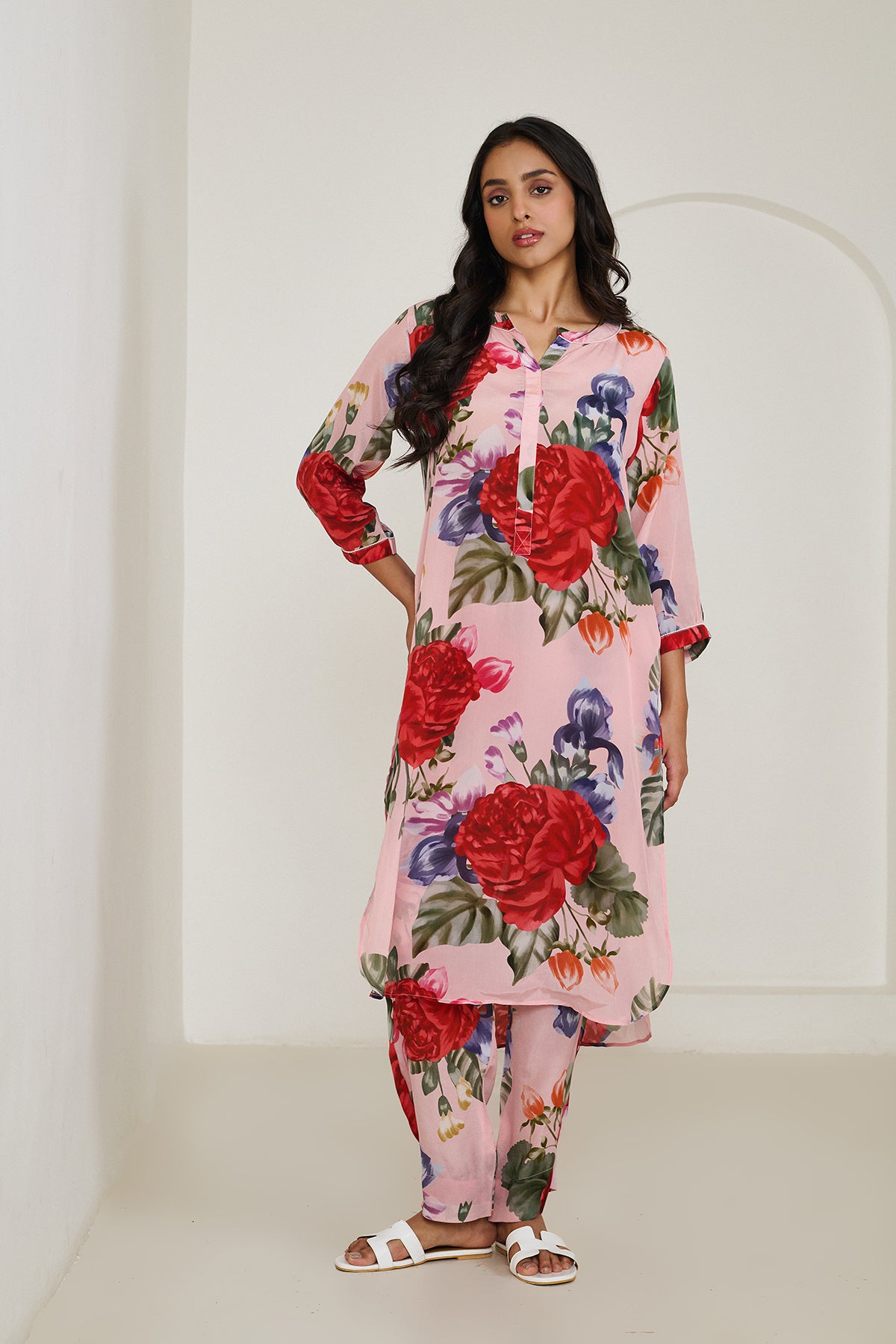 Peach Floral Long Kurta - Set of 2