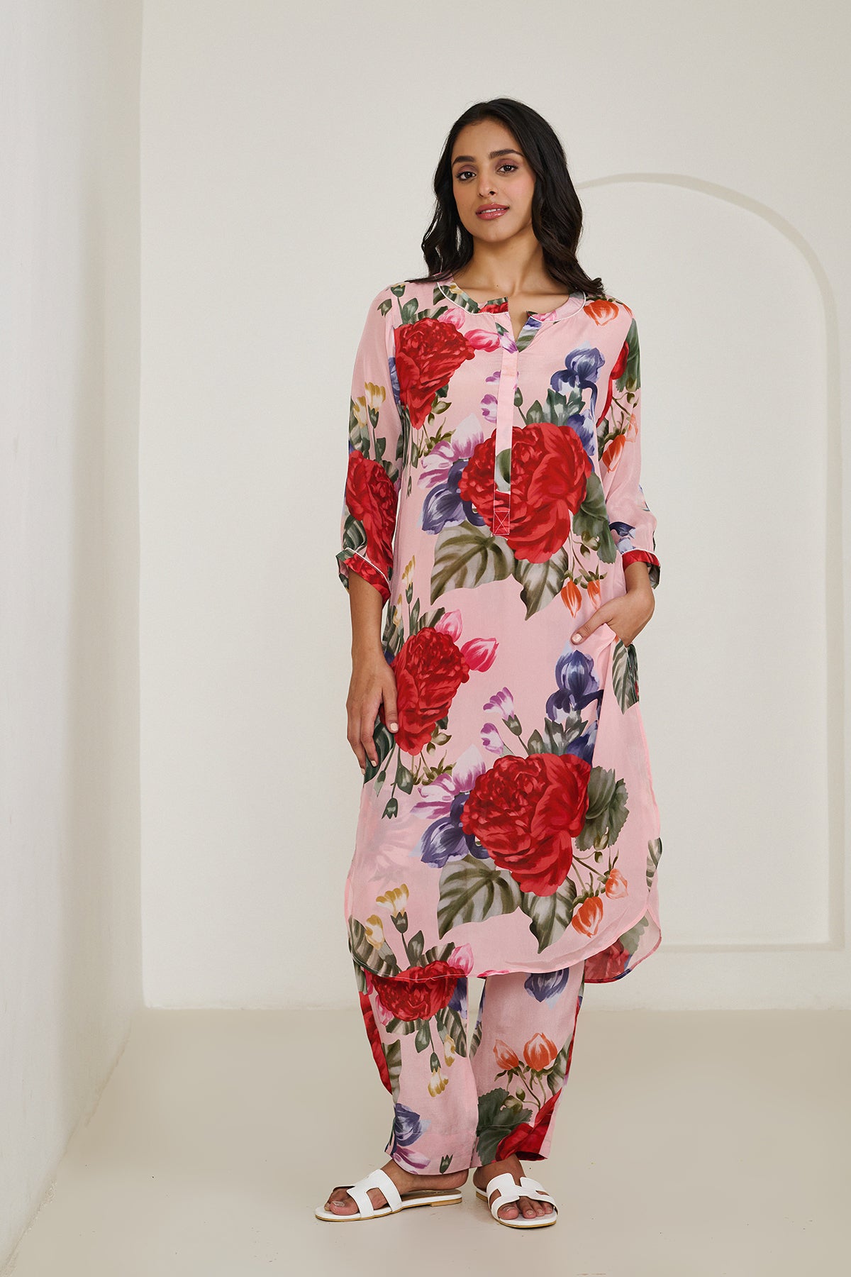 Peach Floral Long Kurta - Set of 2