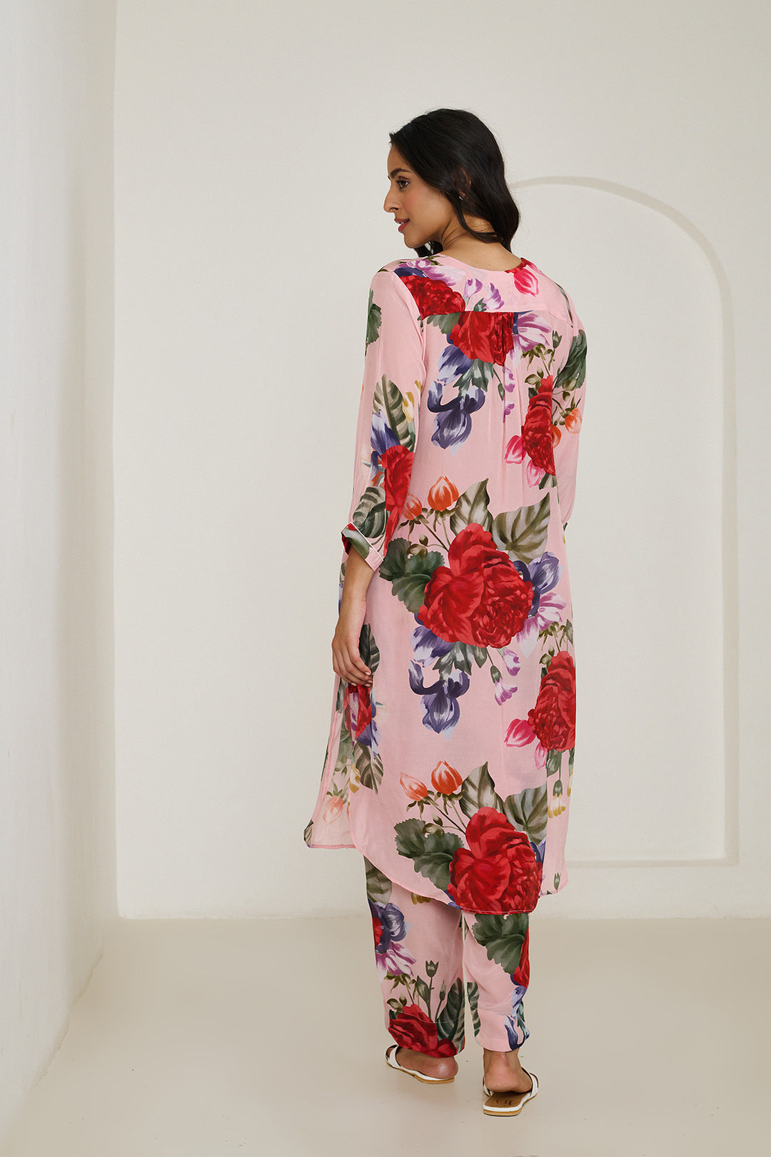 Peach Floral Long Kurta - Set of 2