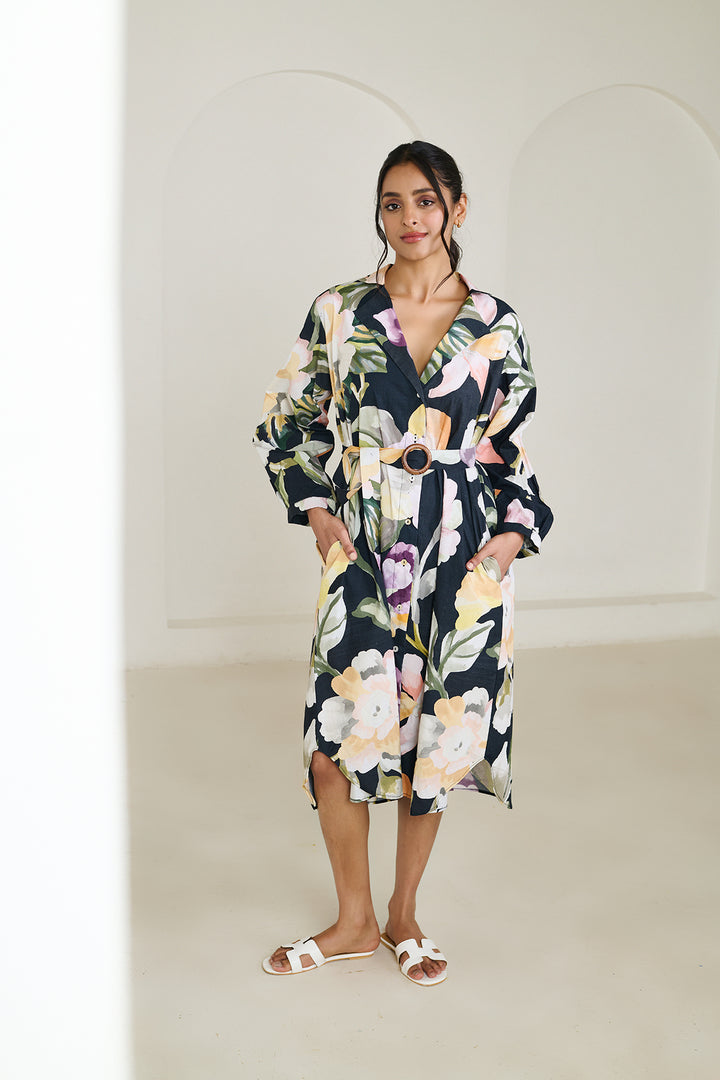 Black Abstract Trench Shirt Dress