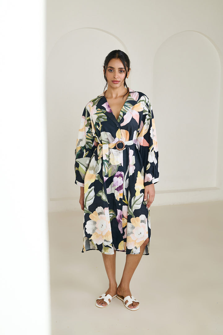 Black Abstract Trench Shirt Dress