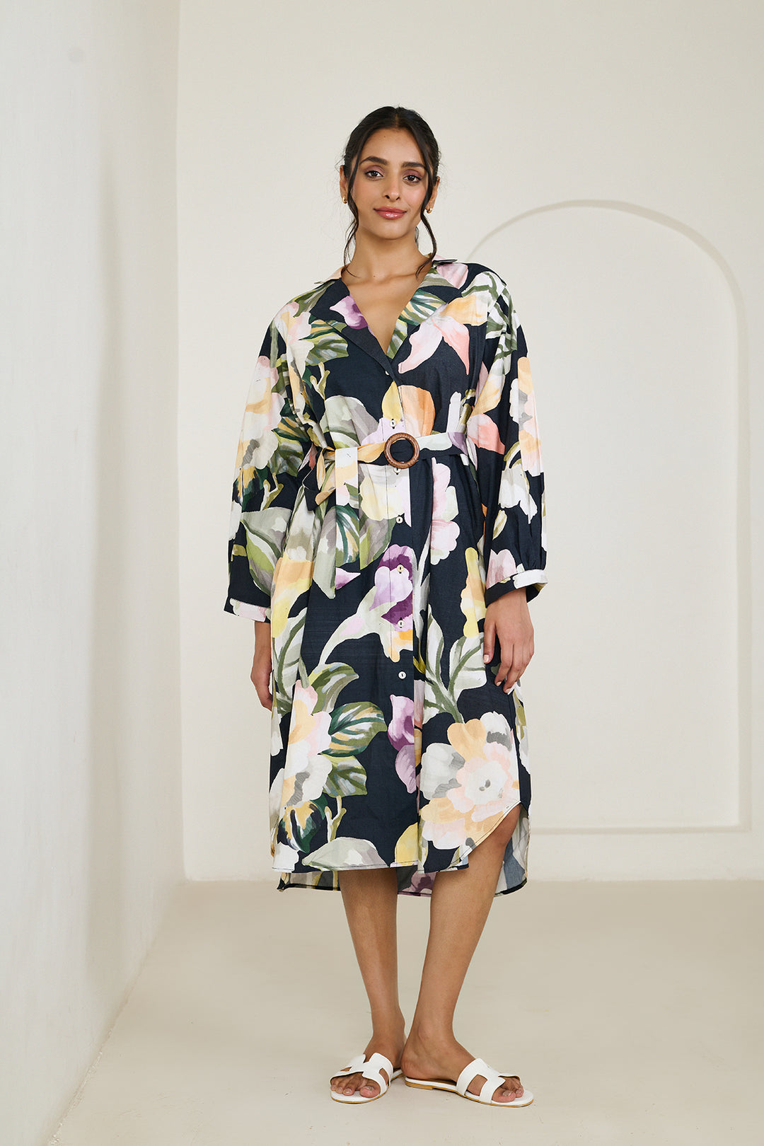 Black Abstract Trench Shirt Dress