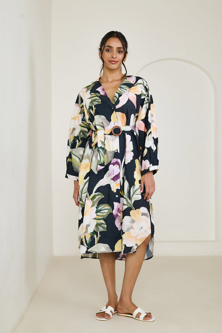 Black Abstract Trench Shirt Dress